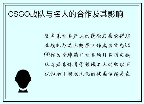 CSGO战队与名人的合作及其影响