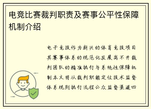 电竞比赛裁判职责及赛事公平性保障机制介绍
