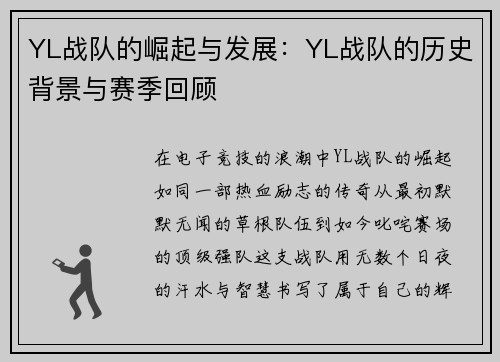 YL战队的崛起与发展：YL战队的历史背景与赛季回顾
