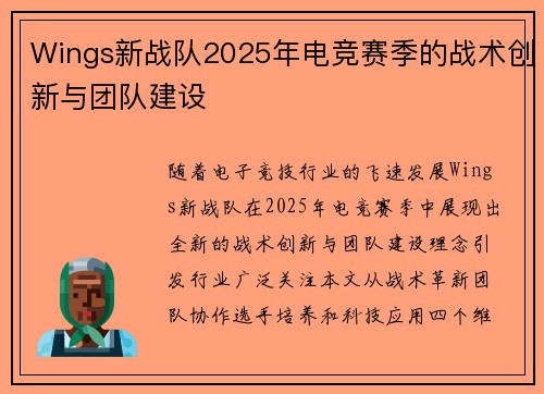 Wings新战队2025年电竞赛季的战术创新与团队建设